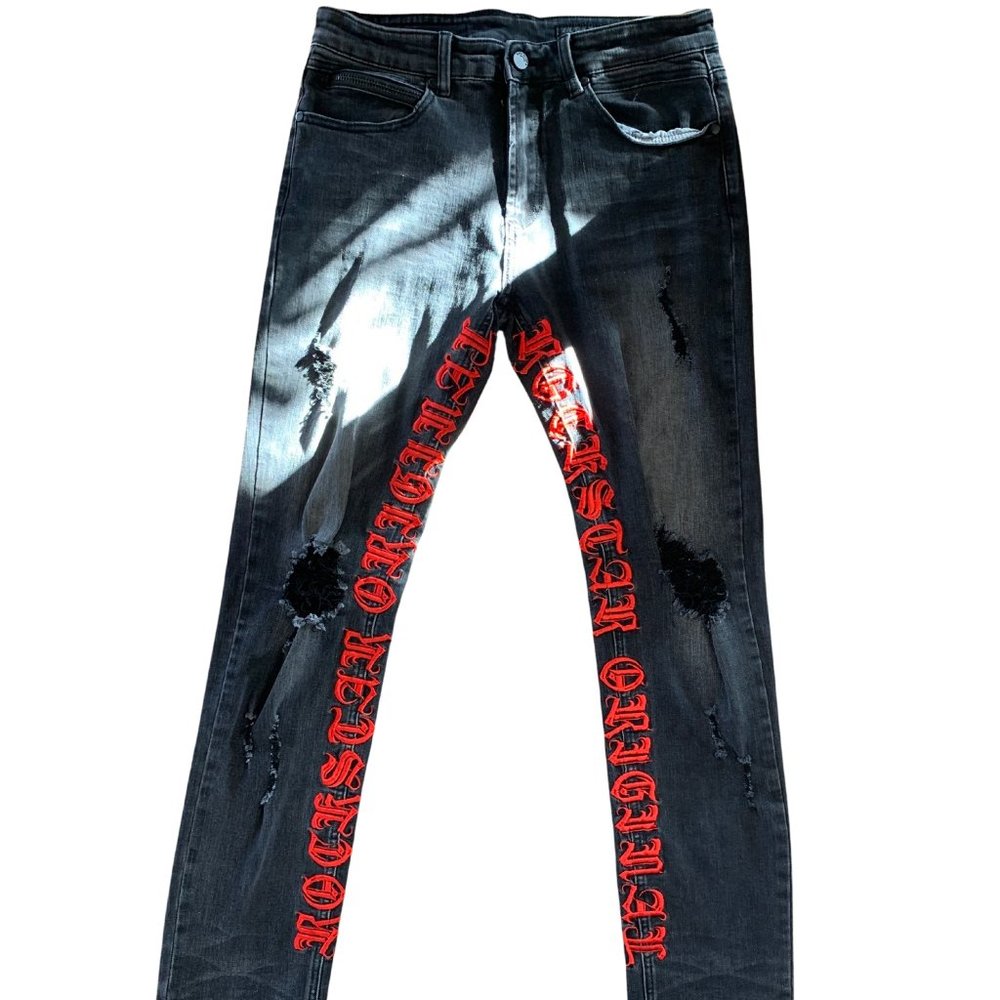 Rockstar Original Red Lettering Embroidery, Black Denim Jeans